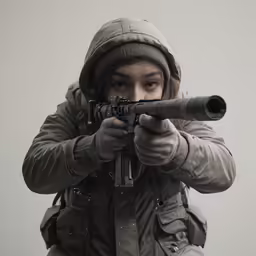 woman in grey jacket holding rifle close to camera