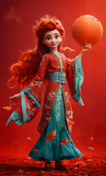 a red headed girl wearing an orange and blue dress