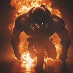 a man in a white bodysuit, kneeling in front of a large blaze