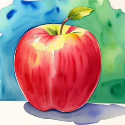 an image of an apple on the green and blue background,a painting of an apple sitting on a table
