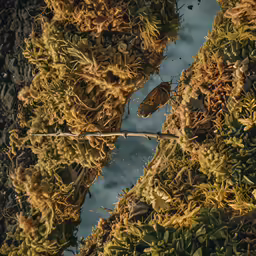 algae covered river with an airplane visible from below