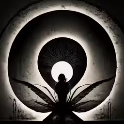 a woman standing near a sculpture in the dark