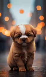 a small brown and white puppy sitting on a sidewalk