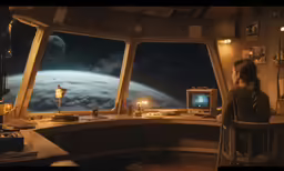 two people looking out a window at the space