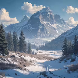 a snowy mountain range with a snow covered road leading to trees