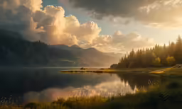 a lake with trees on the shore and a sky filled with clouds