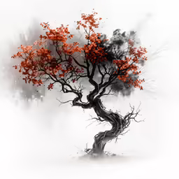 the tree is full of red leaves in the snow