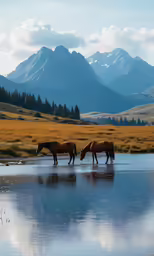 two horses drinking water in a mountain meadow