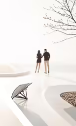 two people standing next to each other near a tree