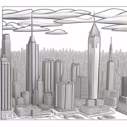 an aerial view of the city in graphite,a drawing of a cityscape with skyscrapers