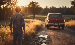a person standing on the side of a road near a parked car
