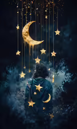 the poster shows a girl standing under a crescent with stars and a crescent hanging from it