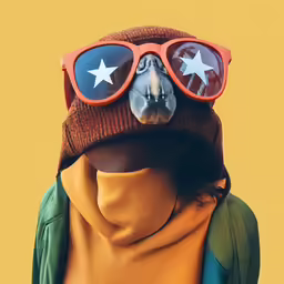 a person is wearing a hat, sunglasses and sweater