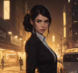 a young woman is wearing a black suit and white shirt,a woman in a business suit looking at something with an odd face
