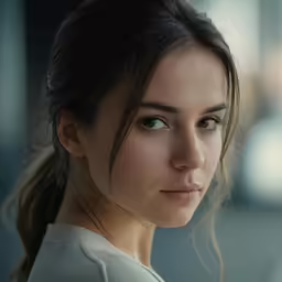 a woman looking off into the distance with an urban background