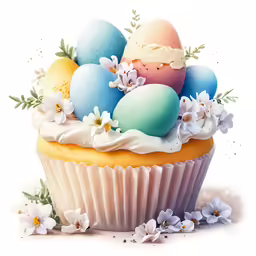 a cupcake with frosting, flowers and eggs