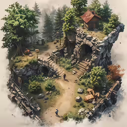 an illustrated painting of a ruined stone building
