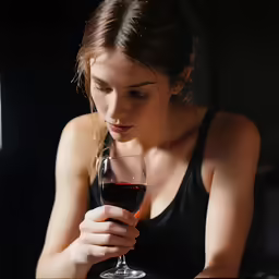 there is a woman holding a glass of red wine
