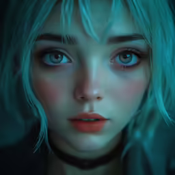 a close up of an attractive looking woman with blue hair