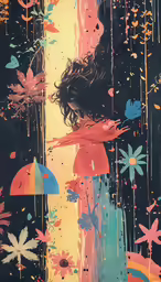 a painting on paper with multiple colors of flowers and an umbrella