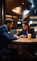 a man and woman are sitting at a table