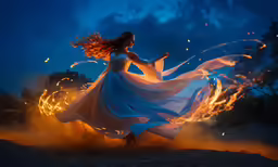 a woman wearing a flowing white dress with a light blue skirt