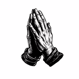 hands folded up praying with black and white print