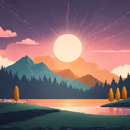 an animated style of mountains, trees, and a lake,a painting of mountains at sunset with trees