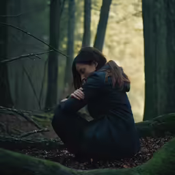 a woman sitting in the middle of a forest