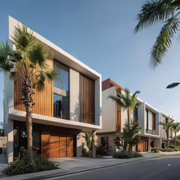 the front view of three large homes and palm trees