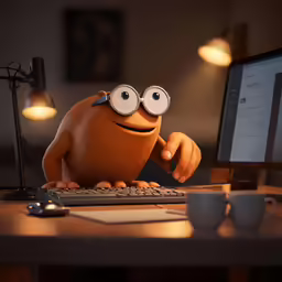 a stuffed animal is staring at a computer screen