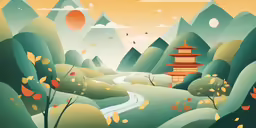 an oriental landscape with a pagoda, trees and mountains