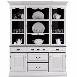 a white china cabinet with many dishes on top