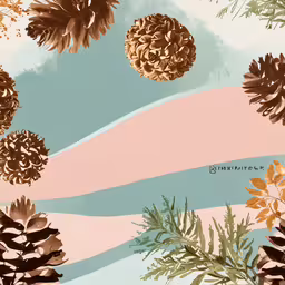 an art work depicts pine cones, pine branches, and flowers,pine cones, a branch and foliage on a pink and blue background