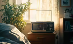 a microwave on top of a dresser next to a window