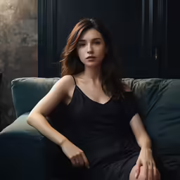 a woman is sitting on a green couch and posing for a portrait