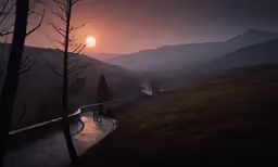 a hill side walk at night, surrounded by pine trees