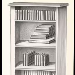 this is a drawing of some books on shelves,a book shelf filled with books and a bunch of books,two shelfs holding many books, with one of them facing upwards,the book shelf has a lot of books on it,drawing of three books in the library
