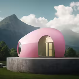 a very unusual pink object set in the mountains