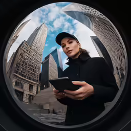 a woman looking through a magnifying glass at a cityscape