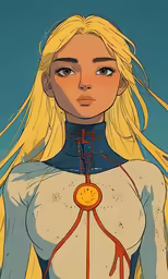 a woman with blonde hair and a blue top