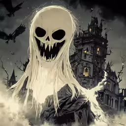 an evil ghost standing next to a large castle