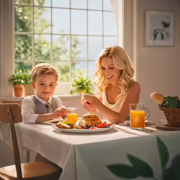 a young boy sitting in front of a woman with a tablet