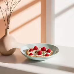 a bowl of strawberries sitting next to a vase