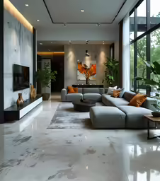 an open, well lit living room with concrete floors