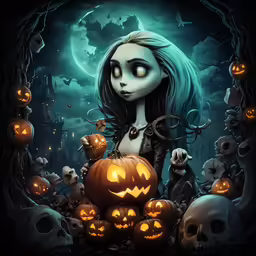 a cartoon character with a skeleton face is posed next to pumpkins