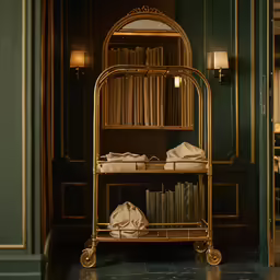 an elegantly designed golden bookcase stands against a green wall