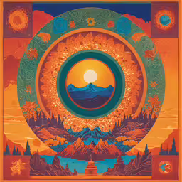a circle with flowers and an sun over mountains,a poster of the mountain and mountains in the middle