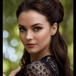 a woman with a black lace top poses for a photo