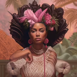 a painting of a woman wearing a headpiece with a large pink flower in her hair,painting of a woman with large afro hair, wearing white top